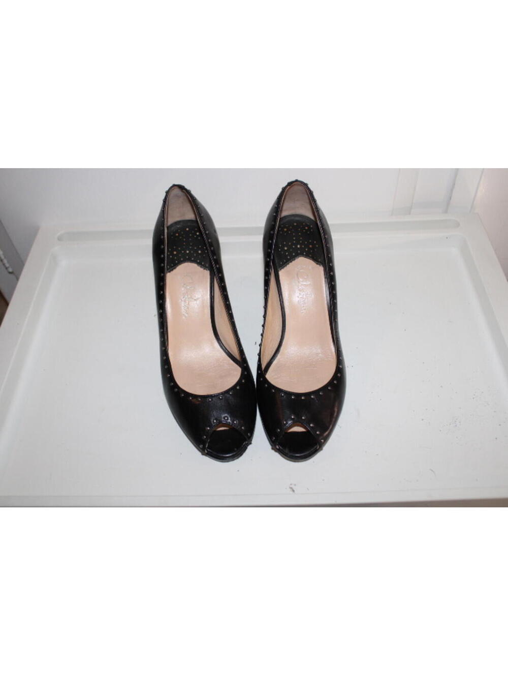 Cole Haan Black Peep Toe Heel With Silver Studs around edges Size 8